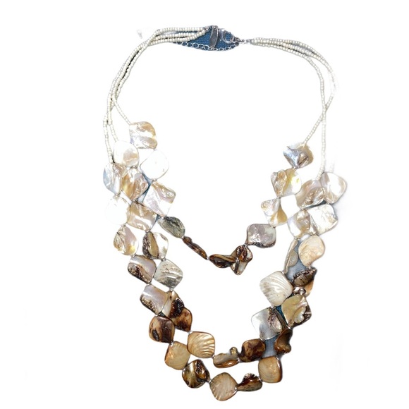 Abalone Mother of Pearl Multi Strand Layered Women’s Necklace Brown Gold Pearl - Picture 7 of 16